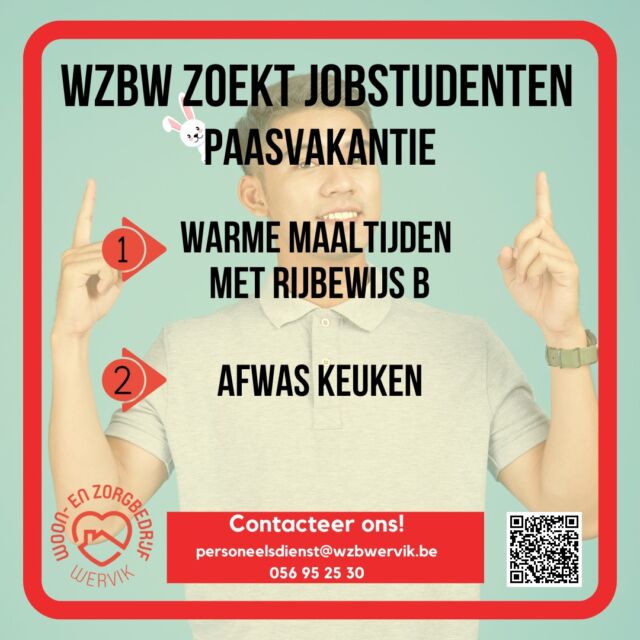 Ben je vrij in de paasvakantie?  Wil je wat bijverdienen?
Solliciteer dan snel voor onze functies in de keuken van WZC Het Pardoen.  ✅ Student warme maaltijden met geldig rijbewijs B
✅ Student afwas keuken  #wzbw #woonenzorgbedrijfwervik #wervik #geluwe #woonzorgcentrum #keuken #vakantiejob #paasvakantie #vakantie #pasen #job #student #rijbewijs