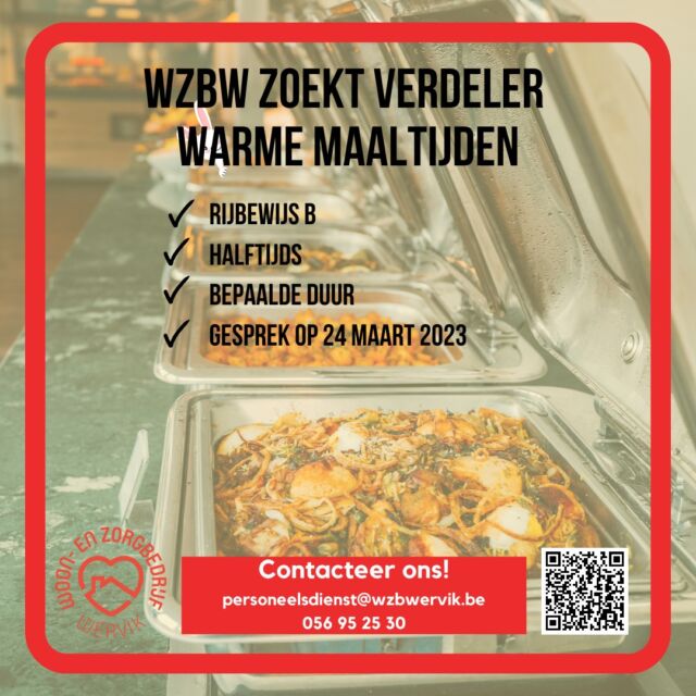 Ga jij op pad met de warme maaltijden aan huis voor onze klanten 🚗🍝🚗  Meer info: https://jobs.wzbwervik.be/nl/verdeler-warme-maaltijden-rijbewijs-b  Heb je vragen? Contacteer ons: personeelsdienst@wzbwervik.be of 056 95 25 30.  #wzbw #woonenzorgbedrijfwervik #wervik #geluwe #woonzorgcentrum #keuken #maaltijd #lunch #warmemaaltijd #job #vacature #werk #rijbewijs #halftijds #bepaaldeduur #maakhetverschil #top