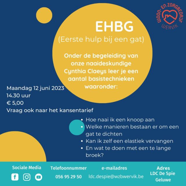Maandag 12 juni kun je onder begeleiding van onze naaideskundige Cynthia Claeys een aantal basistechnieken leren over naaien. 👈  Hoe naai ik een knoop aan❓
Wat te doen met een te lange broek❓
Kan ik zelf een elastiek vervangen❓  Tot dan!  #wzbw #woonenzorgbedrijfwervik #wervik #geluwe