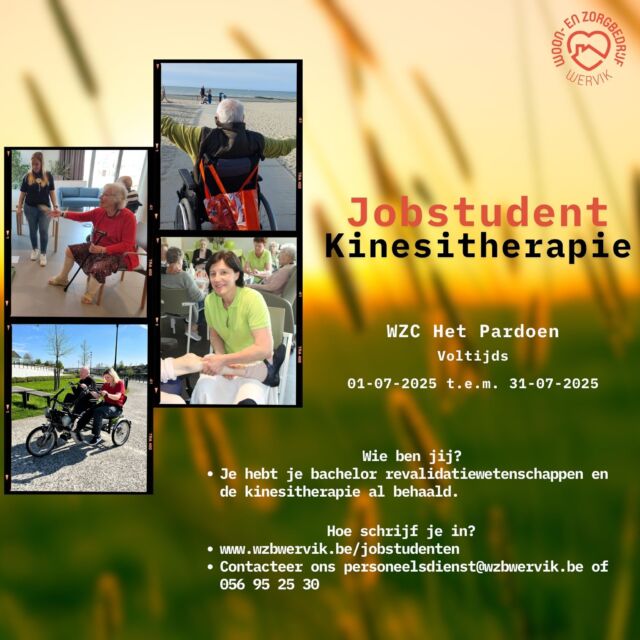 We zijn op zoek naar een enthousiaste jobstudent kinesitherapie voor de zomervakantie in ons woonzorgcentrum! 🌞💪 Wil jij bijdragen aan het welzijn van onze bewoners en ervaring opdoen? 🏡❤️