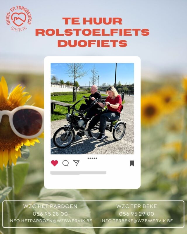 Huur nu eenvoudig een rolstoelfiets of duofiets en geniet samen van een zorgeloze fietstocht in de buitenlucht! Iedereen kan gebruiken maken van deze dienstverlening!  Meer info in WZC Het Pardoen of WZC Ter Beke.