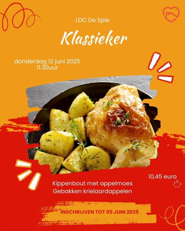 Een klassieker uit de keuken staat binnenkort op tafel in LDC De Spie!
Inschrijven kan in LDC De Spie of aan het Callcenter.