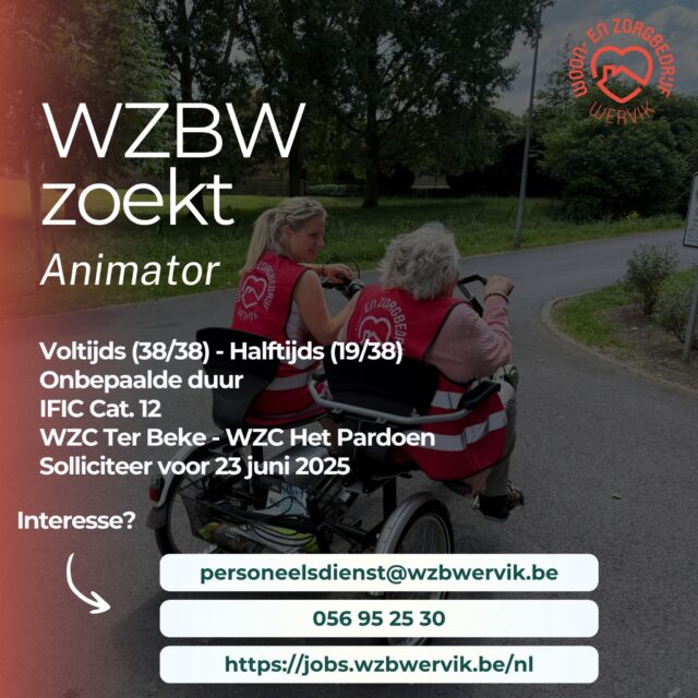 🎭 Vacature voor een sfeerbrenger!  We zoeken iemand die van elke dag iets leuks maakt—met een spelletje, een babbel of een creatieve uitspatting.  https://jobs.wzbwervik.be/nl/animator