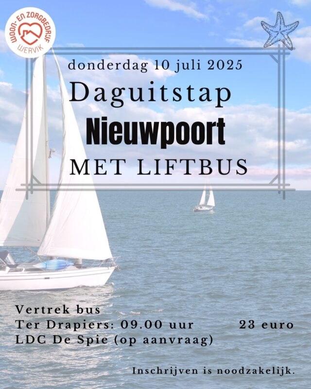 🎉 Extra bus naar Nieuwpoort ingelegd 🚌  Wegens het overweldigende succes van onze eerste daguitstap naar Nieuwpoort, hebben we besloten een tweede bus in te leggen op een andere datum!  Deze tweede bus is een liftbus, ook geschikt voor mensen die gebruik maken van een rolstoel of rollator.  Meer info aan Callcenter of LDC De Spie.