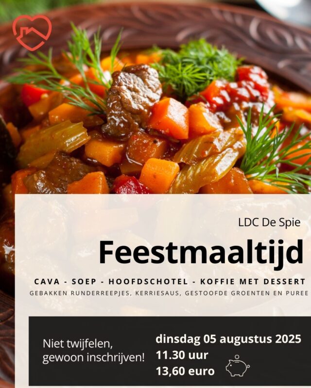 Zet je feestmuts op en schuif gezellig aan, want in LDC De Spie serveren we deze maand een feestmaaltijd om duimen en vingers bij af te likken!
