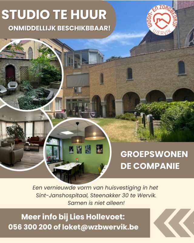 Ontdek het groepswonen in Wervik! Zelfstandig wonen, maar toch deel uitmaken van een veilige en comfortabele leefomgeving, dan is De Companie het antwoord.
Daarnaast staat onze maatschappelijk werker altijd klaar om te helpen.  Momenteel is er een studio beschikbaar. Neem vrijblijvend contact op met het Loket Woonzorg of neem een bezoekje op onze website voor meer info.  https://www.wzbwervik.be/dienst/huisvesting/groepswonen  #wzbw #woonenzorgbedrijfwervik #wervik #geluwe