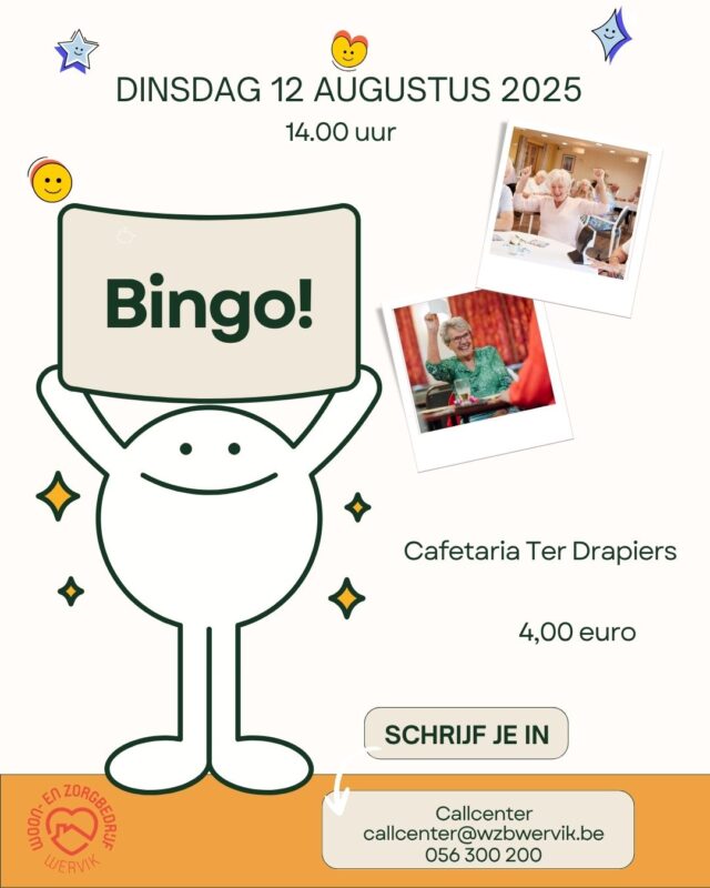 Zet je klaar en kom mee bingo spelen – wie weet roep jij als eerste 'BINGO!'.
Wees er snel bij, je kan nog inschrijven tot en met maandag 11 augustus 2025.