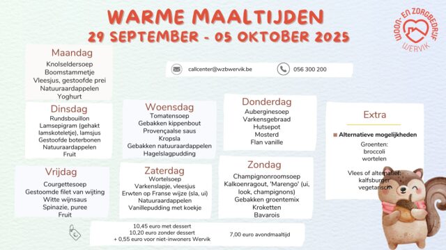 🍽️ Geen stress over wat je eet deze week – het menu staat klaar, en ja, er zit veel lekkers tussen!
📢 Op donderdag 02 oktober is  het Callcenter uitzonderlijk gesloten om 17.30 uur.