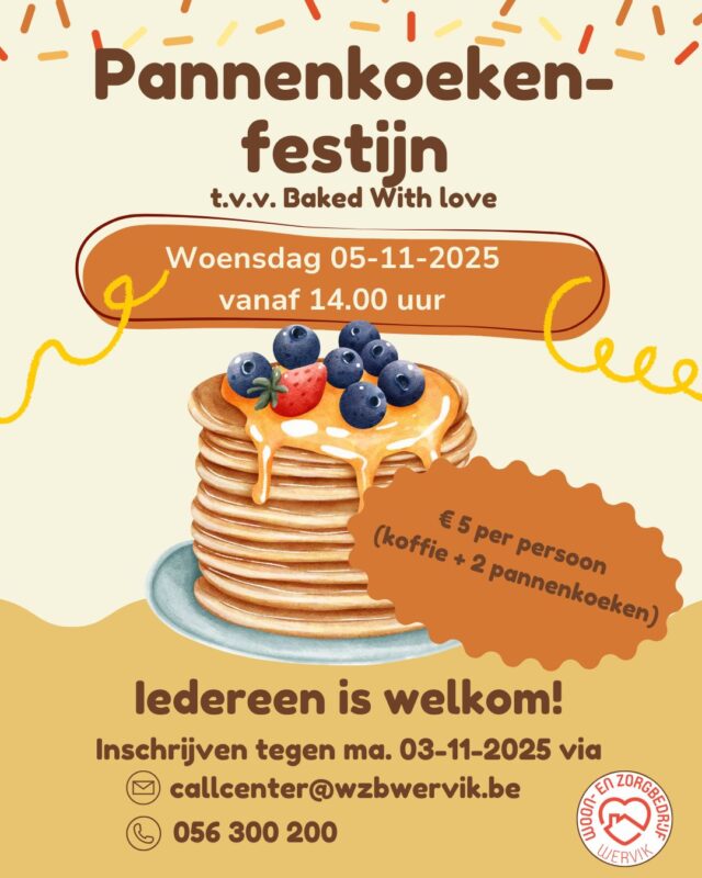 📌Noteer alvast in je agenda 📌  Pannenkoekennamiddag ten voordele van Baked With Love, een hartverwarmend initiatief van Stopalzheimer en Expertisecentrum Dementie Vlaanderen.  Place to be: Sint-Janshospitaal - Steenakker 30, Wervik  Vooraf inschrijven in het callcenter.  Tot dan!
