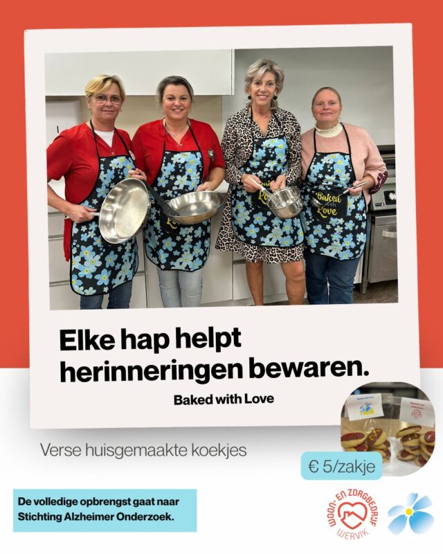 Onze ovens staan nog altijd open voor het goede doel!  Wekelijks bakken we huisgemaakte koekjes, verkrijgbaar voor slechts € 5 per zakje op alle locaties van Woon- en Zorgbedrijf Wervik. Een heerlijke traktatie en een kans om samen iets te betekenen.  Daarnaast bieden we deze lekkernijen ook aan tijdens onze kerstmarkten:  10 december in WZC Het Pardoen
12 december in LDC De Spie
17 december in WZC Ter Beke  De volledige opbrengst gaat naar de Stichting Alzheimer Onderzoek, zodat belangrijk wetenschappelijk werk mogelijk wordt.  Elke hap helpt herinneringen bewaren!