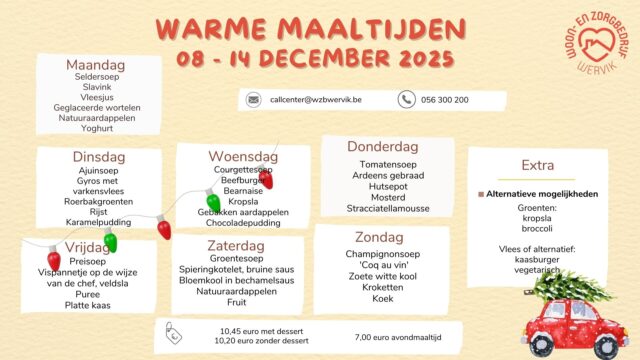 Te druk in de weer met kerstaankopen en geen tijd om te koken? Kijk dan snel wat er op het menu van de warme maaltijden staat voor deze week!