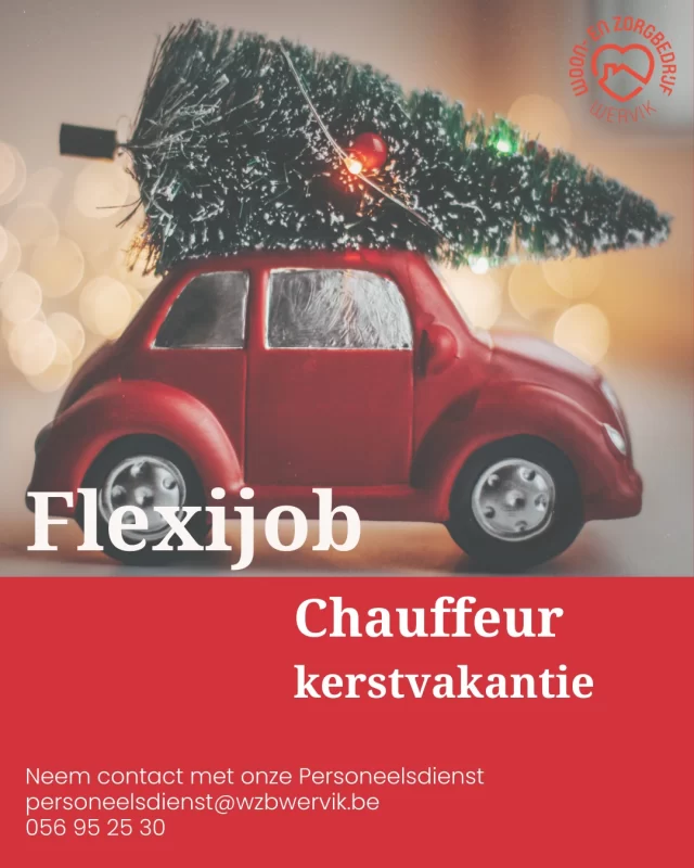🚚 Word jij onze flexijob chauffeur tijdens de kerstvakantie? 🎄
Ben jij op zoek naar een leuke bijverdienste in een gezellige sfeer? Wij zoeken een enthousiaste flexijob chauffeur om ons team te versterken tijdens de eindejaarsperiode!  Neem contact met ons.  Personeelsdienst
personeelsdienst@wzbwervik.be
056 95 25 30