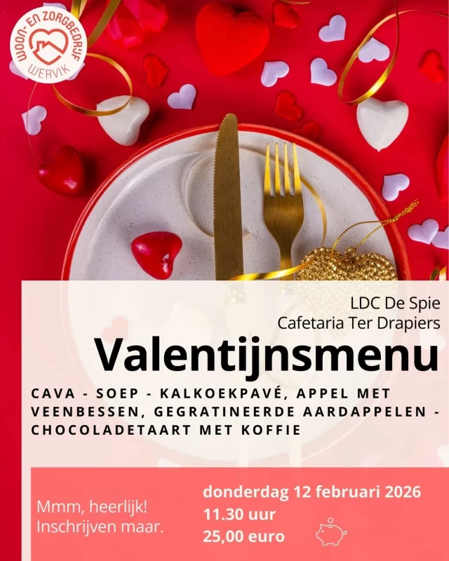 Liefde komt in alle vormen. Onze keuken viert ze allemaal. 
Schrijf je in voor ons Valentijnsmenu in LDC De Spie of cafetaria Ter Drapiers.