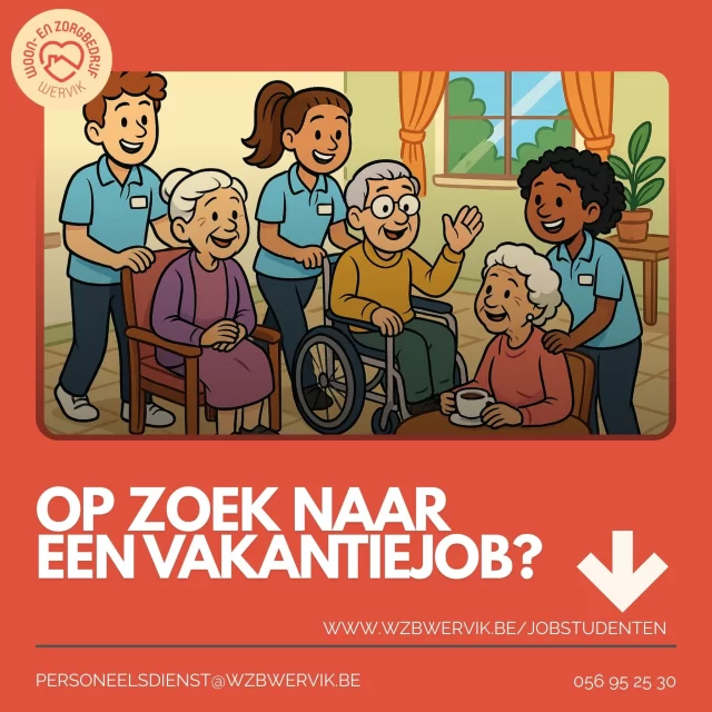🎉 Bijna weekend! 🎉
Heb je vijf minuten tijd? Schrijf je dan nu in voor studentenjob tijdens de zomervakantie. 
https://www.wzbwervik.be/jobstudenten/jobstudenten-solliciteren/  Voor sommige functies zijn er diplomavoorwaarden. Heb je vragen? Neem contact met onze Personeelsdienst (personeelsdienst@wzbwervik.be of 056 95 25 30).