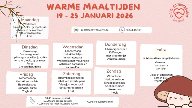 Staat er iets wat je niet lust op het menu? Kijk dan naar onze alternatieven en verwittig ons Callcenter via 056 300 200 of callcenter@wzbwervik.be