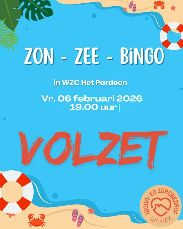 🎉🌴 De zon straalt, de zee roept … en de bingo is VOLZET!  Enkel voor ingeschreven zonnekloppers 😉
Deuren gaan open om 18.30 uur. De ZON-ZEE-BINGO start om 19.00 uur 🌞!  Tot vrijdag in WZC Het Pardoen!!