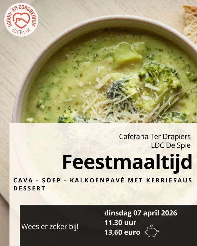 Schrijf je zeker in om deze heerlijke menu niet te missen.
Zowel in LDC De Spie als cafetaria Ter Drapiers kan je een plaatsje bemachtigen!!