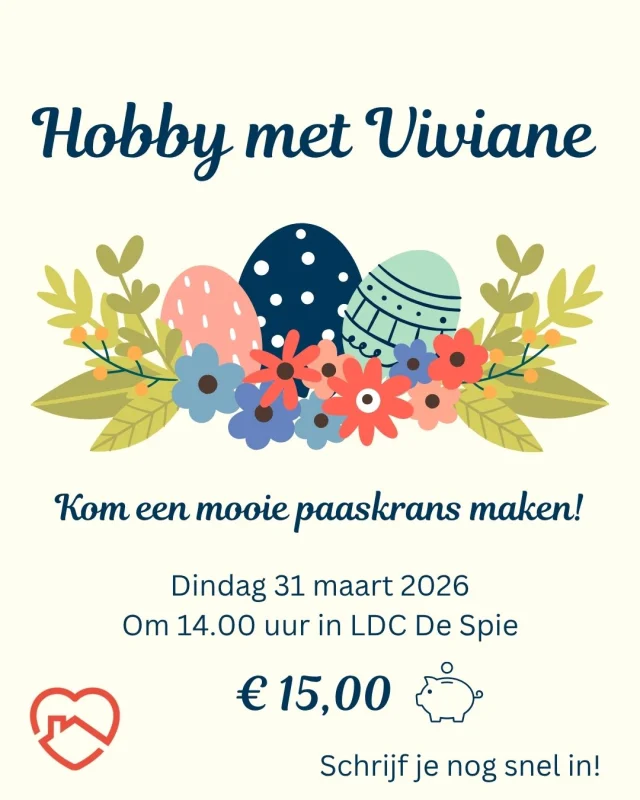 Tijdens de hobby met Viviane maken we een bloemstuk in paasthema. We werken stap voor stap en brengen zo alvast wat kleur en lentegevoel binnen. Je gaat naar huis met een mooi afgewerkt stuk. Schrijf je nog snel in!!