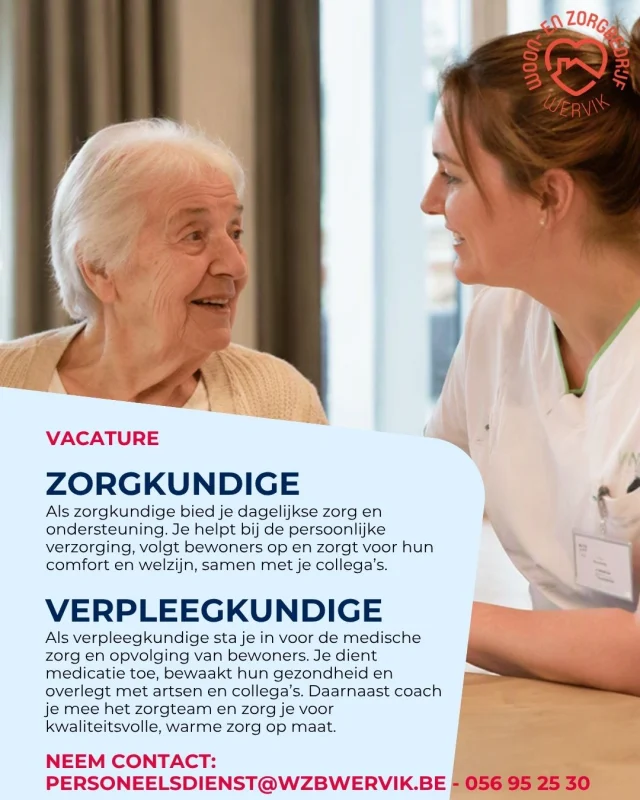 Elke dag het verschil maken? Bij Woon- en Zorgbedrijf Wervik kan het. Word jij onze nieuwe collega?
Neem dan snel contact op: personeelsdienst@wzbwervik.be of 056 95 25 30.
