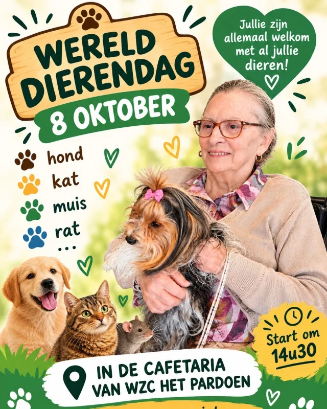 Op donderdag 8 oktober vieren we samen Werelddierendag in WZC Het Pardoen! 🎉  Daarom nodigen we iedereen uit om zijn of haar huisdier mee te brengen naar onze cafetaria. Alle dieren zijn welkom 🐶🐱🐰🐦  Gelieve ons vooraf te verwittigen met welk dier je komt via 056 95 28 00 
of via e-mail: animatie.hetpardoen@wzbwervik.be.  Wij kijken ernaar uit jou en je trouwe vriend te mogen verwelkomen!