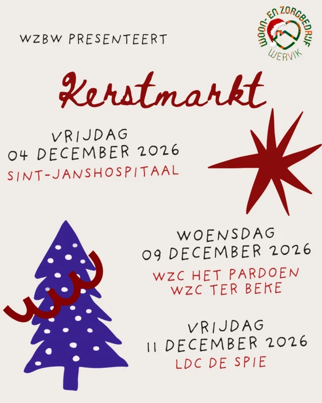 Van één kerstmarkt krijg je nooit genoeg… daarom doen wij er vier!  Verspreid over verschillende locaties zorgt Woon- en Zorgbedrijf Wervik voor vier keer kerstsfeer.
En wie echt in kerstmodus is: op één dag kun je er zelfs twee meepikken!